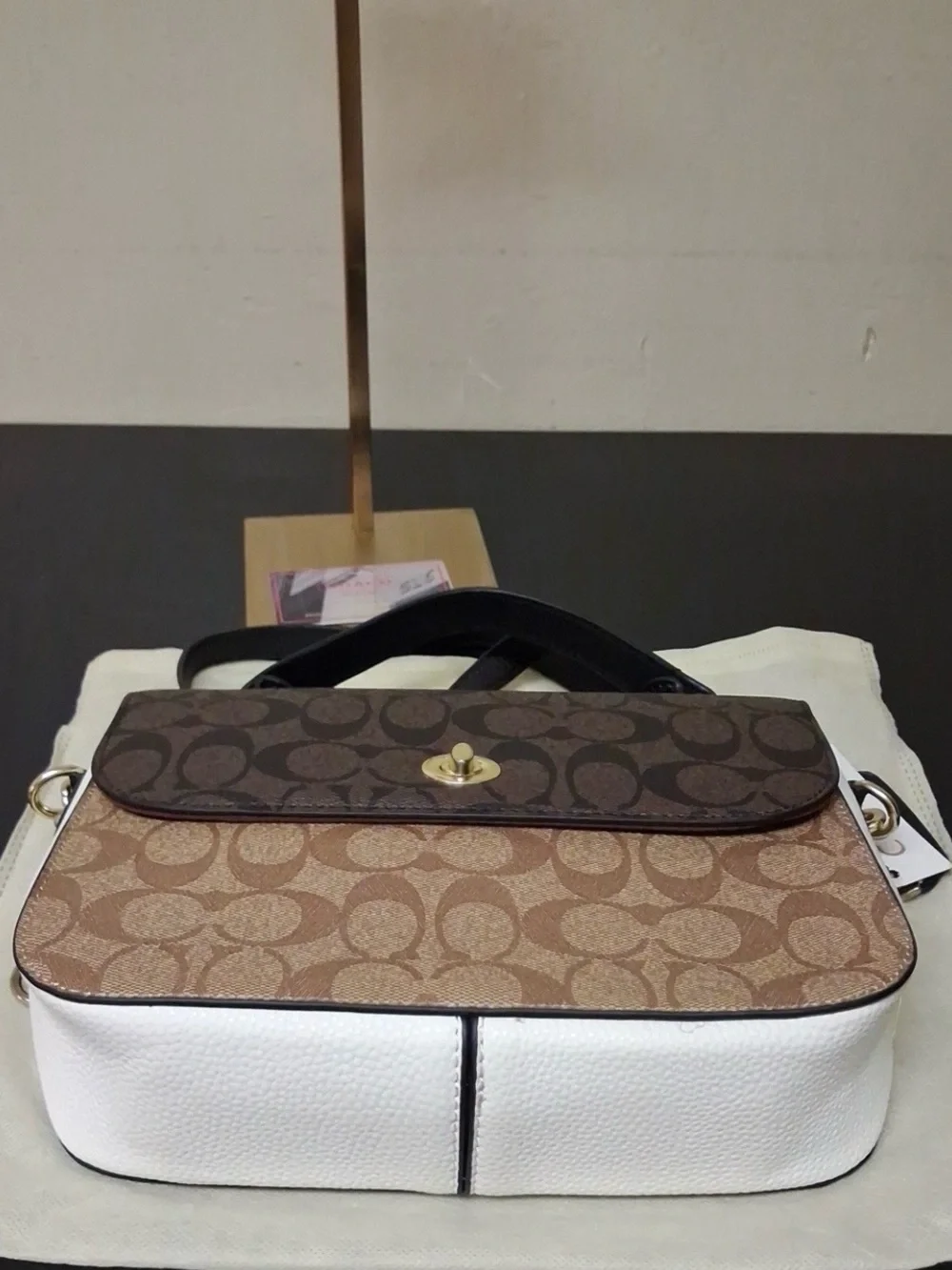Coach Two-Tone Signature Gold Chain Turn-lock Crossbody Bag Brown & Tan NWT